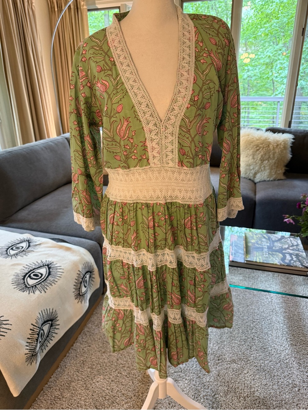 Just Donny Pull Over Green Floral Midi Dress with Sheer Lace Trim